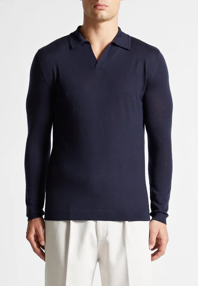 Men Manire De Voir Merino Wool Long Sleeve Revere Polo Shirt Navy