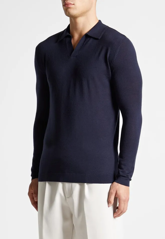 Men Manire De Voir Merino Wool Long Sleeve Revere Polo Shirt Navy