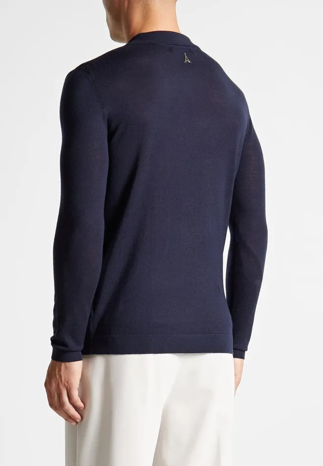 Men Manire De Voir Merino Wool Long Sleeve Revere Polo Shirt Navy