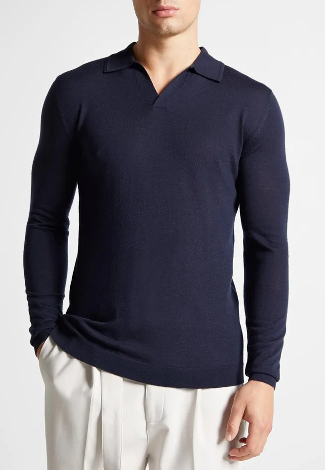 Men Manire De Voir Merino Wool Long Sleeve Revere Polo Shirt Navy