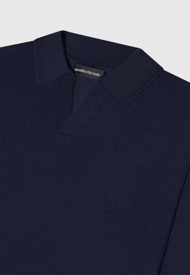 Men Manire De Voir Merino Wool Long Sleeve Revere Polo Shirt Navy