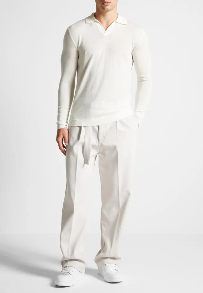 Men Manire De Voir Merino Wool Long Sleeve Revere Polo Shirt Off White