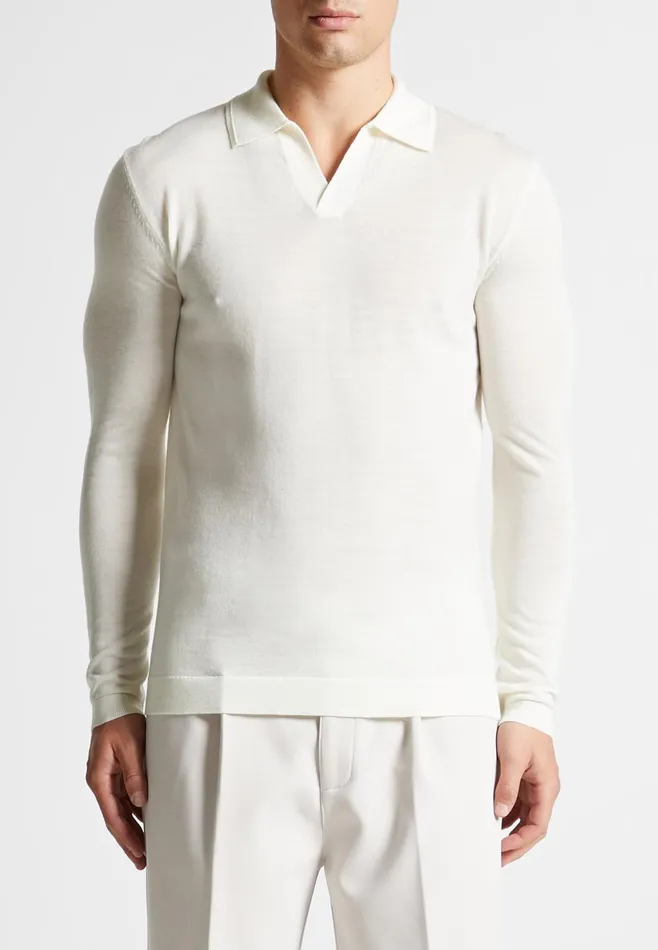 Men Manire De Voir Merino Wool Long Sleeve Revere Polo Shirt Off White