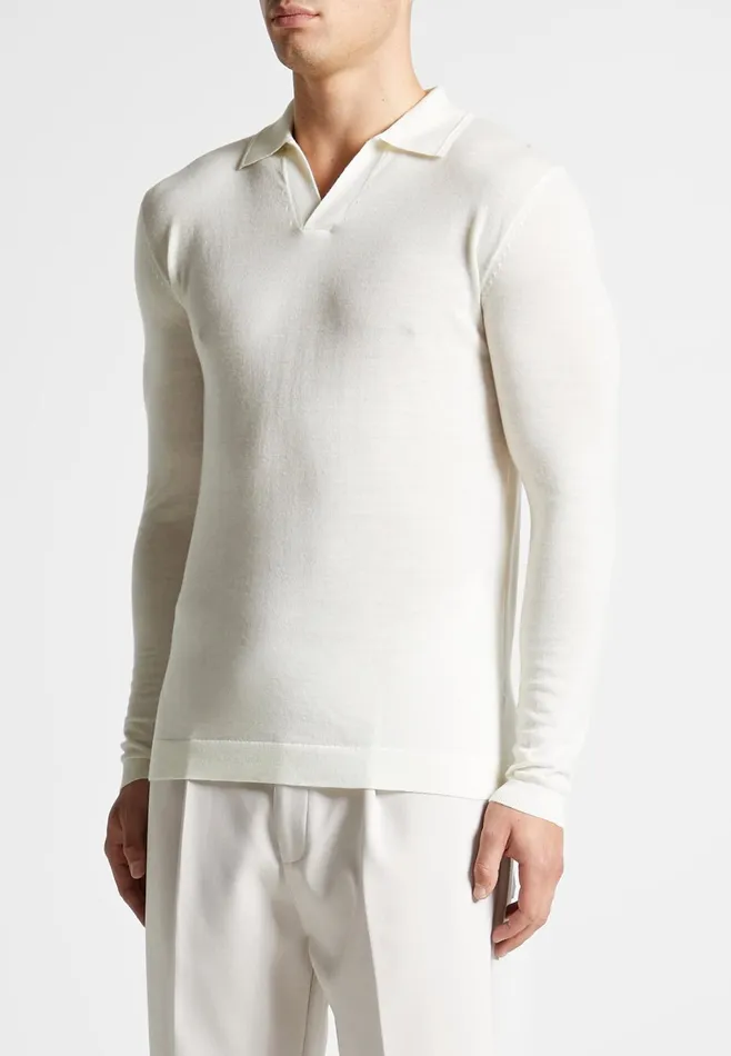 Men Manire De Voir Merino Wool Long Sleeve Revere Polo Shirt Off White