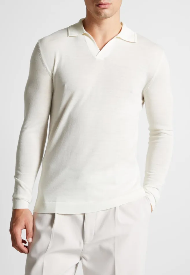 Men Manire De Voir Merino Wool Long Sleeve Revere Polo Shirt Off White