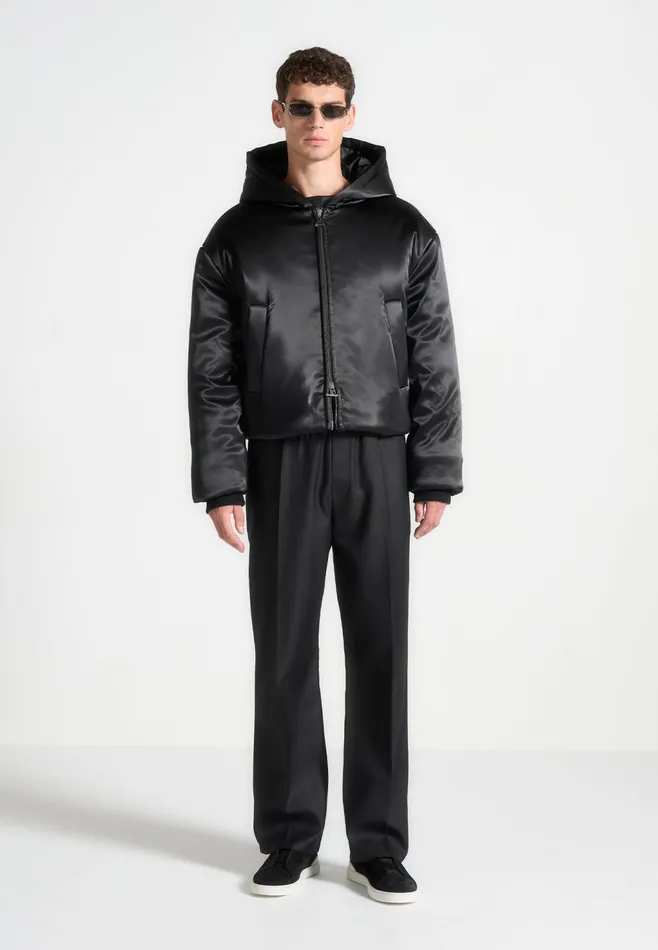 Men Manire De Voir Satin Cropped Hooded Jacket Black