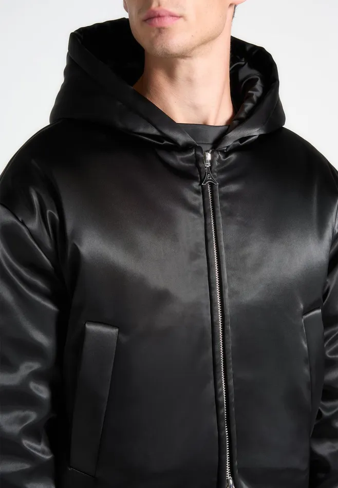 Men Manire De Voir Satin Cropped Hooded Jacket Black