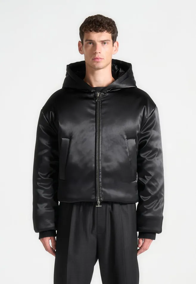 Men Manire De Voir Satin Cropped Hooded Jacket Black