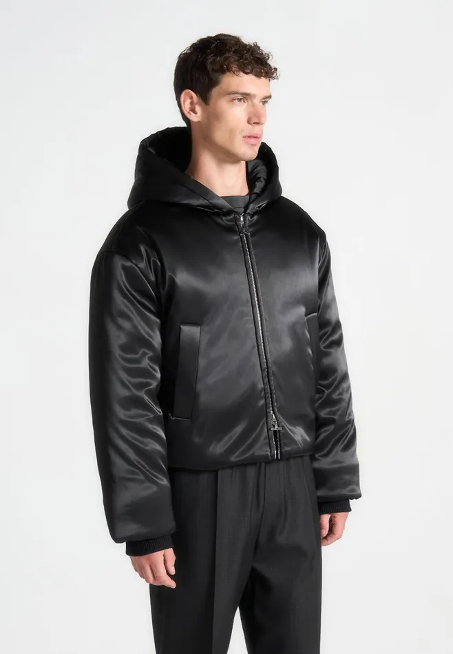 Men Manire De Voir Satin Cropped Hooded Jacket Black