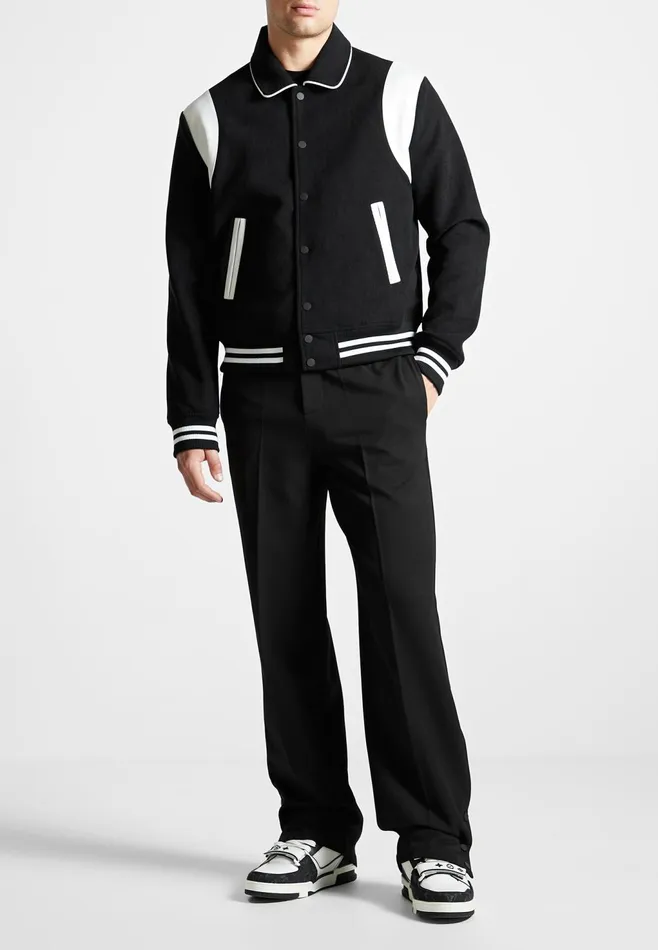 Men Manire De Voir Satin Panel Corduroy Varsity Jacket Black