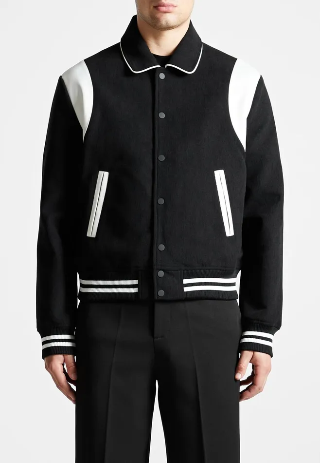 Men Manire De Voir Satin Panel Corduroy Varsity Jacket Black