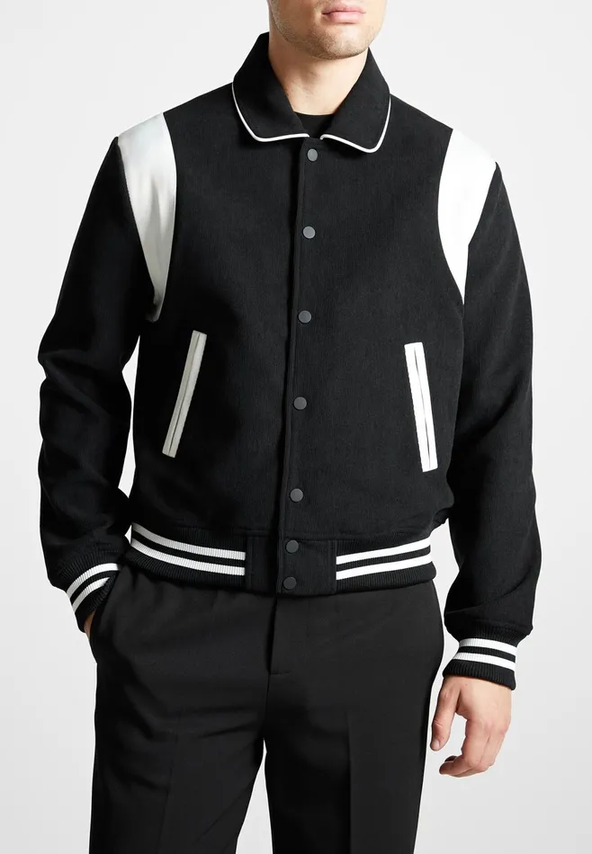 Men Manire De Voir Satin Panel Corduroy Varsity Jacket Black