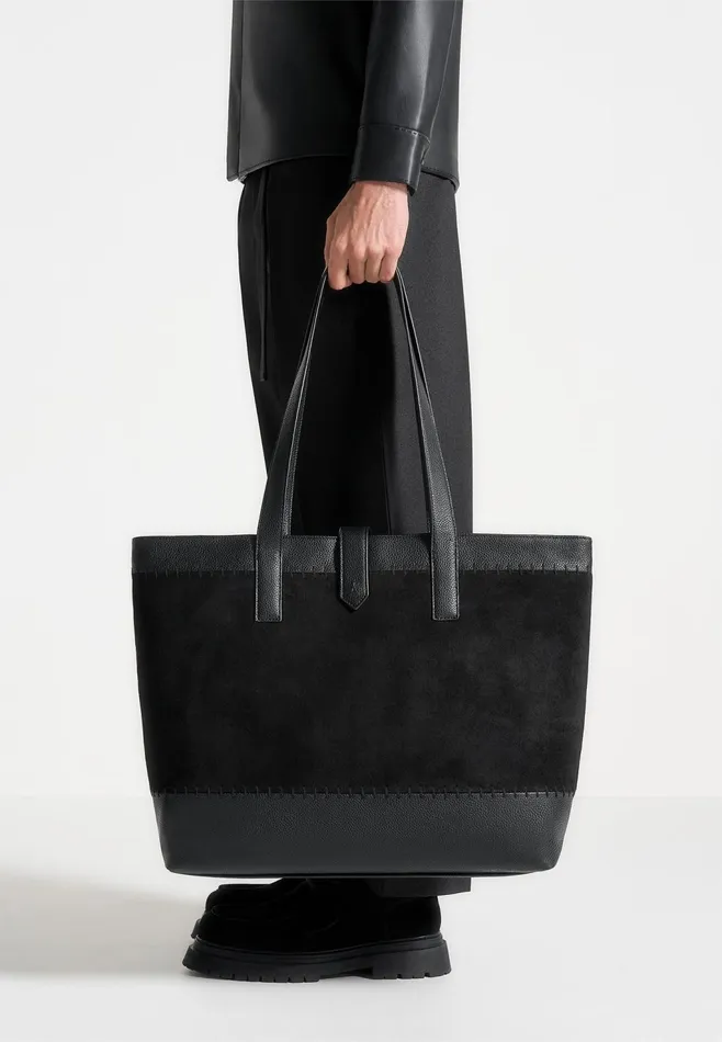 Men Manire De Voir Suede and Pebbled Leather Whipstitch Tote Bag Black