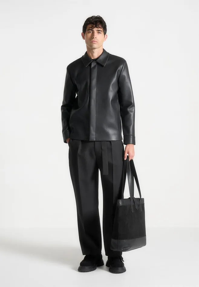 Men Manire De Voir Suede and Pebbled Leather Whipstitch Tote Bag Black