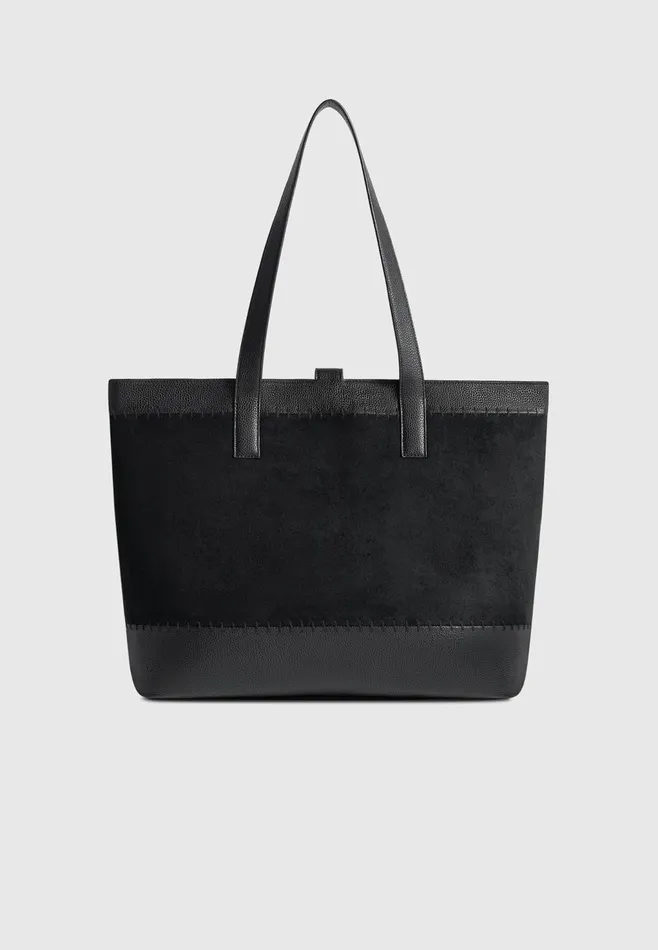Men Manire De Voir Suede and Pebbled Leather Whipstitch Tote Bag Black