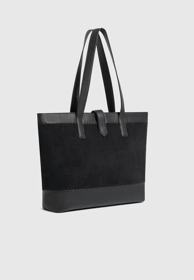 Men Manire De Voir Suede and Pebbled Leather Whipstitch Tote Bag Black