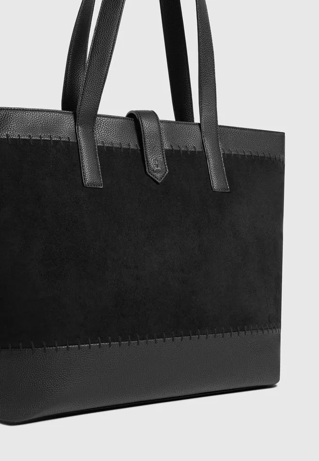 Men Manire De Voir Suede and Pebbled Leather Whipstitch Tote Bag Black