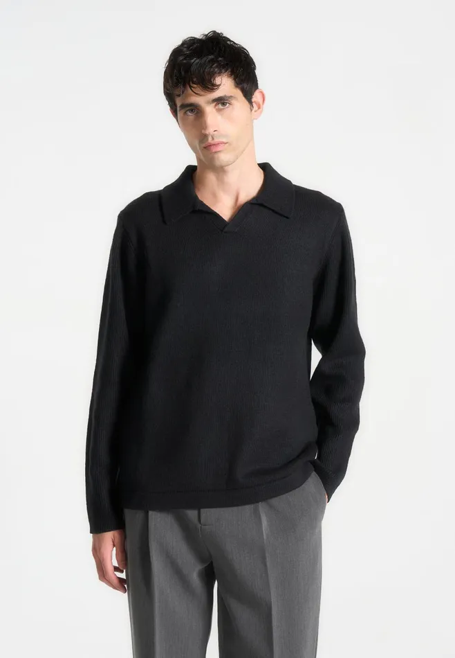 Men Manire De Voir Wool Revere Long Sleeve Polo Top Black