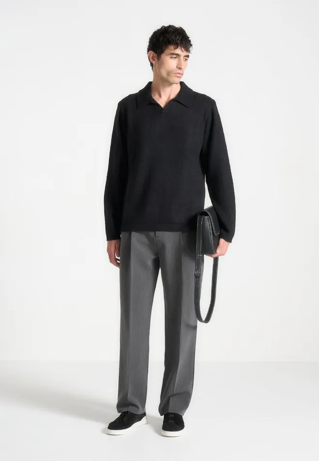 Men Manire De Voir Wool Revere Long Sleeve Polo Top Black