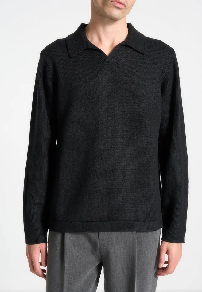 Men Manire De Voir Wool Revere Long Sleeve Polo Top Black