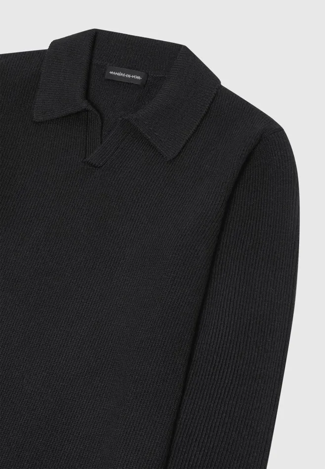 Men Manire De Voir Wool Revere Long Sleeve Polo Top Black