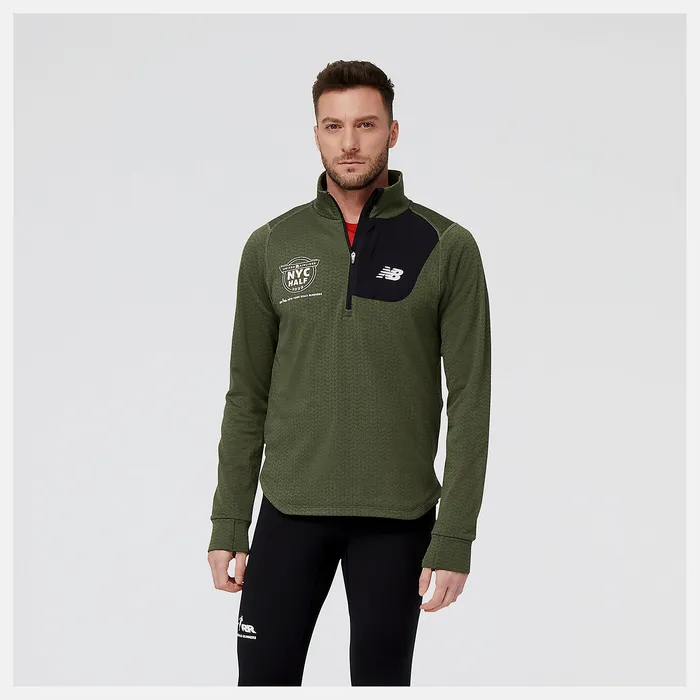 Men New Balance United Airlines NYC Half NB Heat Grid Half Zip DEEP OLIVE GREEN HEATHER Hoodies and Sweatshirts