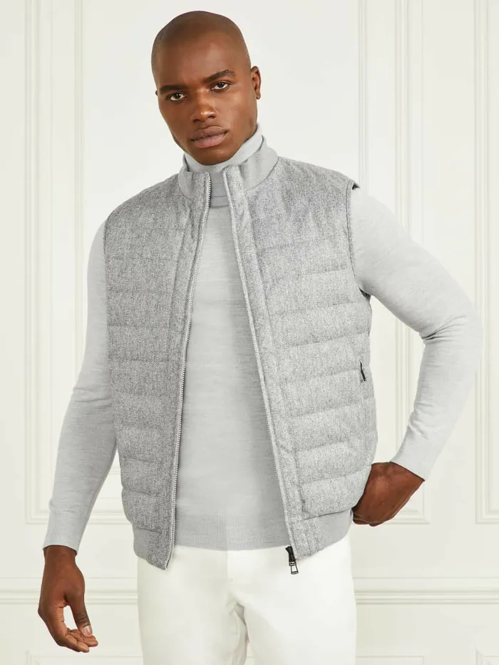 Men Quilted Twill Vest Grey Herringbone Melange Jackets and Coats GUESS