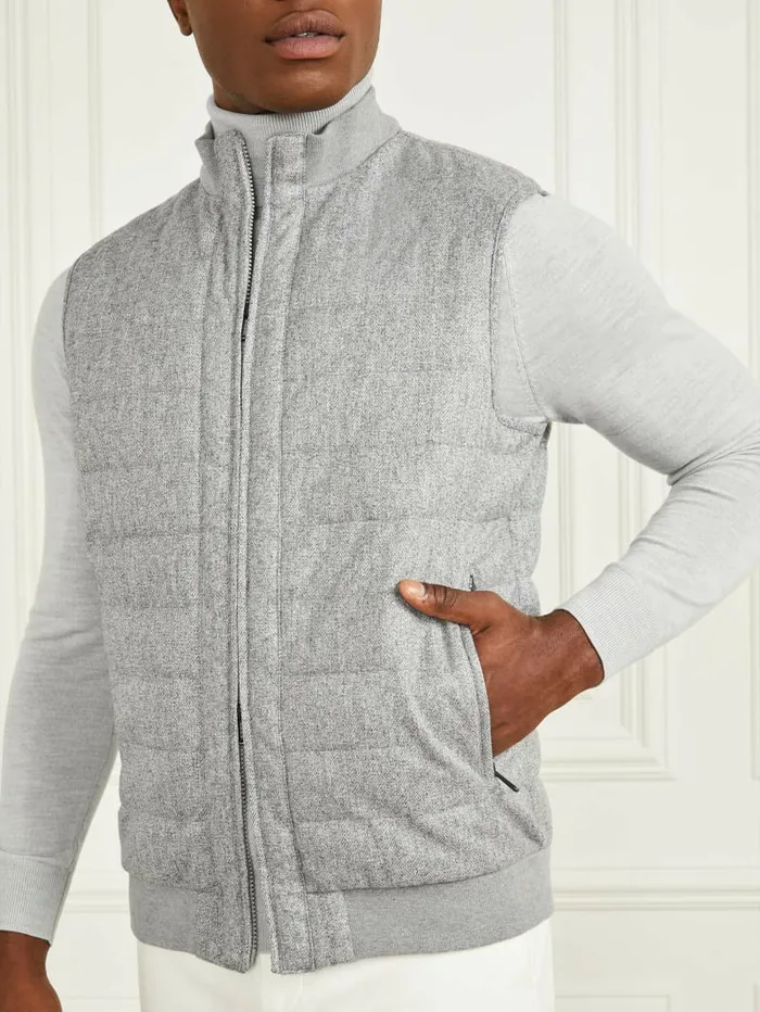 Men Quilted Twill Vest Grey Herringbone Melange Jackets and Coats GUESS