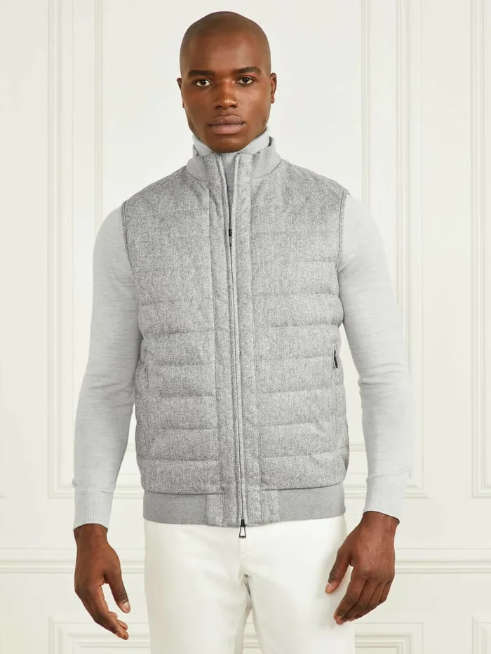 Men Quilted Twill Vest Grey Herringbone Melange Jackets and Coats GUESS