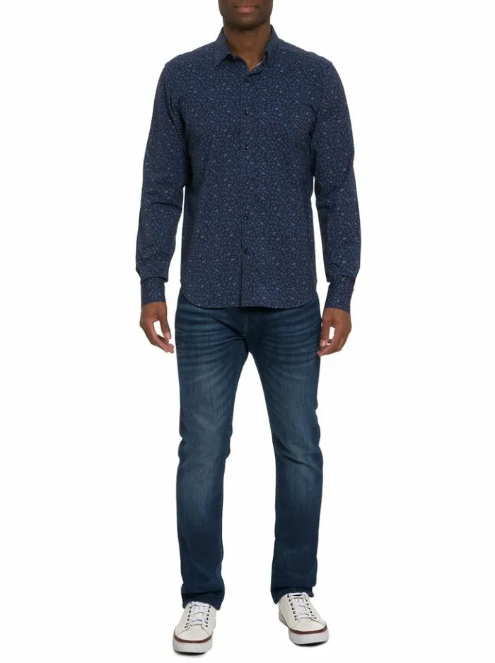 Men Robert Graham Button Down Shirts Schneider Motion Long Sleeve Knit Shirt Navy