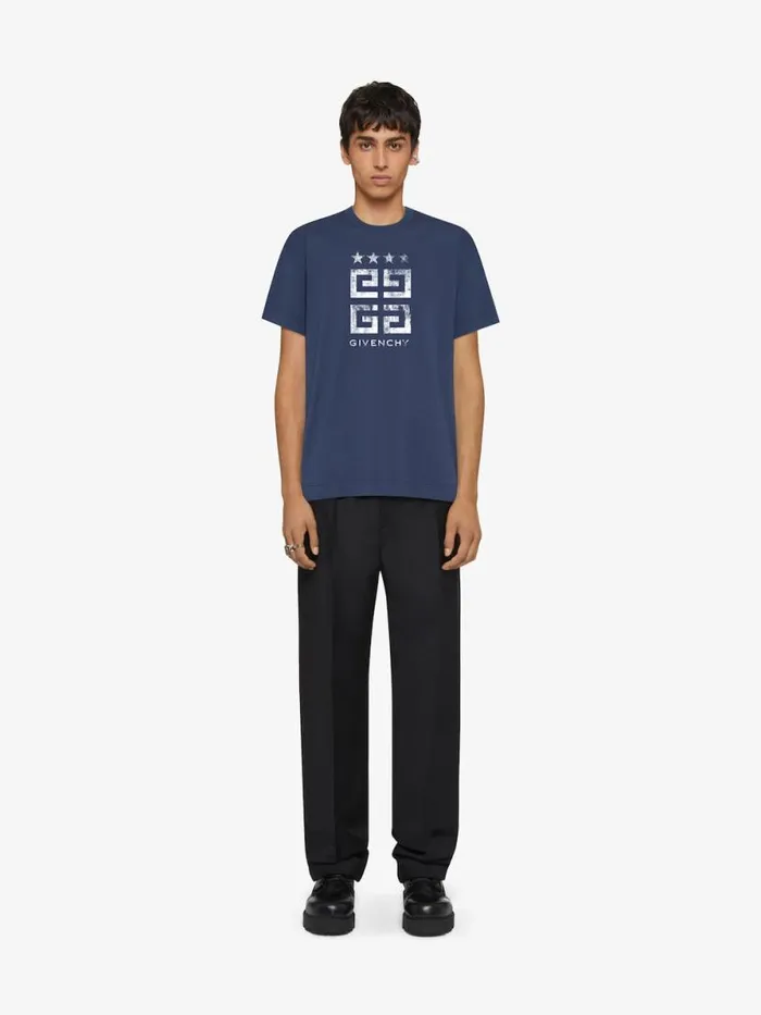 Men TShirts Givenchy 4G Stars Slim Fit Tshirt In Cotton Deep Blue