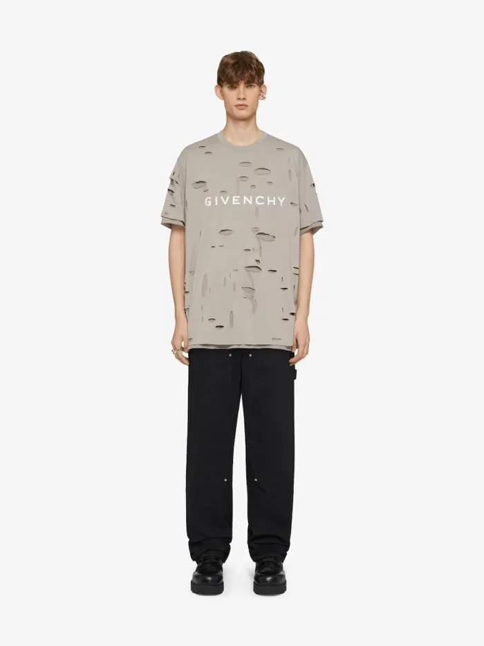 Men TShirts Givenchy GIVENCHY Oversized Tshirt In Destroyed Cotton Taupe
