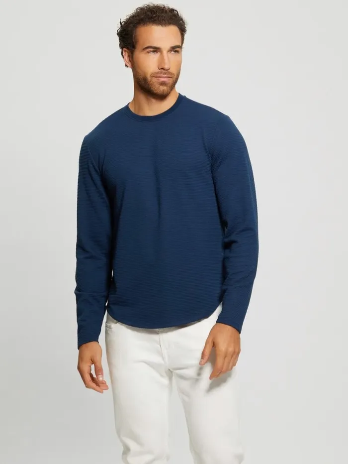 Men Textured Longsleeve Tee Silk Blue TShirts and Tanks GUESS