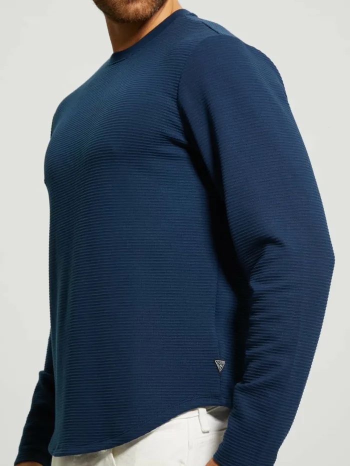 Men Textured Longsleeve Tee Silk Blue TShirts and Tanks GUESS