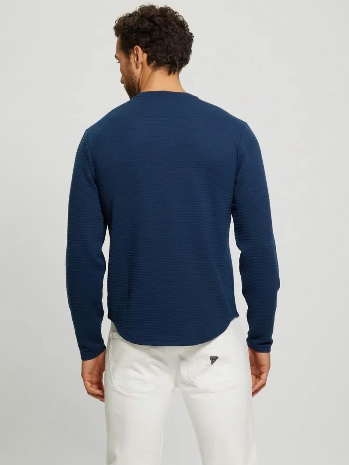 Men Textured Longsleeve Tee Silk Blue TShirts and Tanks GUESS