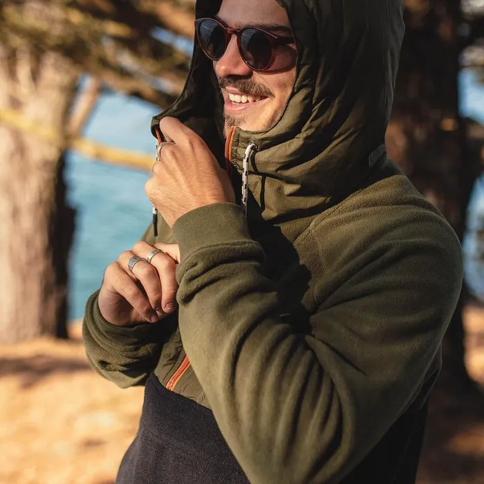 Passenger Tops Woodland Hooded 12 Zip Recycled Polar Fleece True Black Khaki True Black Khaki 8211 Men