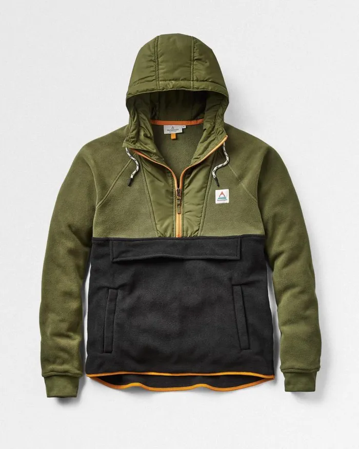 Passenger Tops Woodland Hooded 12 Zip Recycled Polar Fleece True Black Khaki True Black Khaki 8211 Men