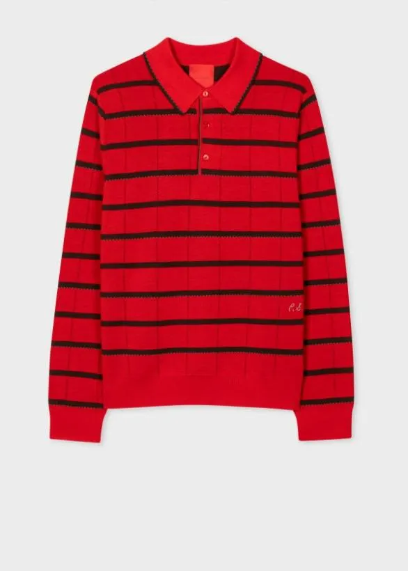 Paul Smith Polo Shirts Red Stripe Knitted Polo Shirt Red 8211 Mens