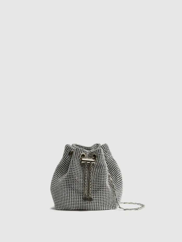 REISS Bags and Purses Women Crystal Mini Bucket Bag Silver