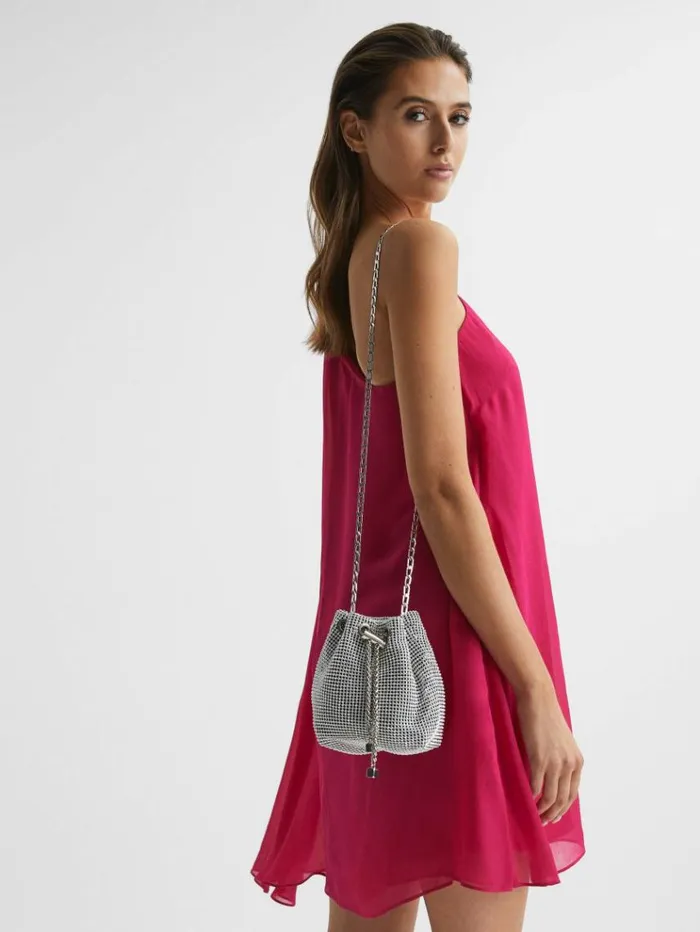 REISS Bags and Purses Women Crystal Mini Bucket Bag Silver