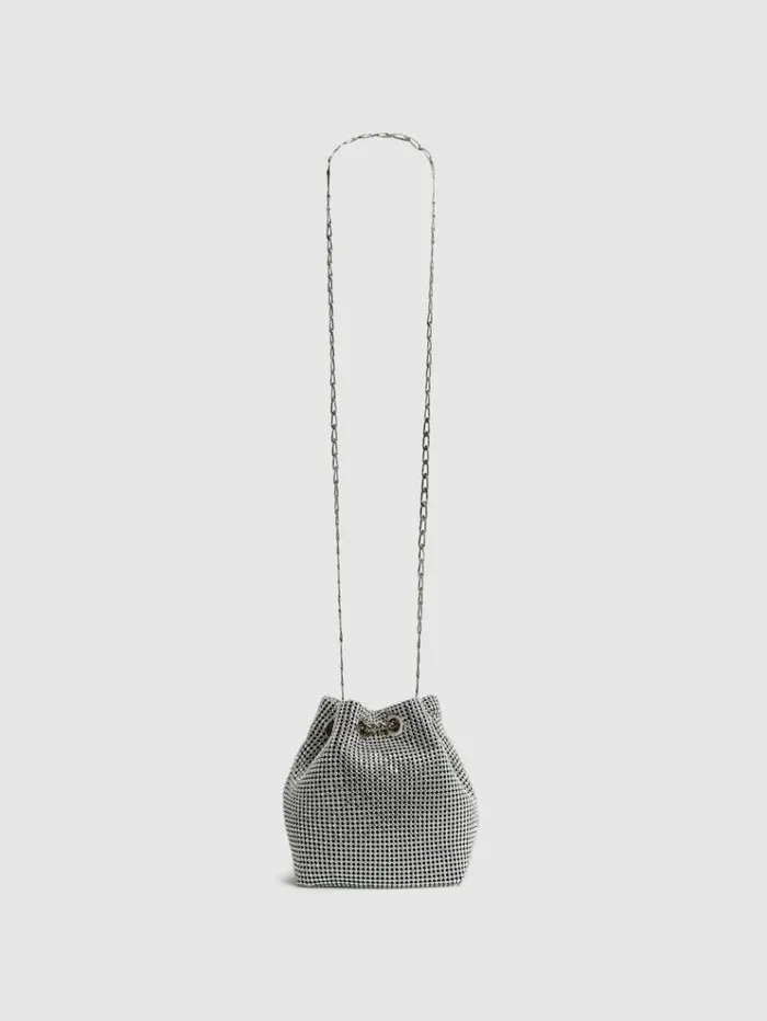 REISS Bags and Purses Women Crystal Mini Bucket Bag Silver
