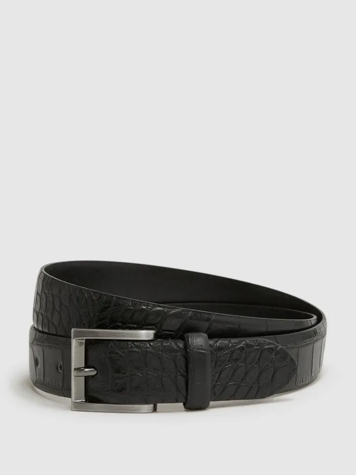 REISS Belts Men Leather Crocodile Print Belt Blackgunmetal