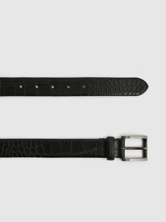 REISS Belts Men Leather Crocodile Print Belt Blackgunmetal
