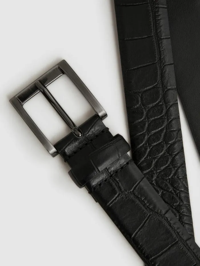 REISS Belts Men Leather Crocodile Print Belt Blackgunmetal