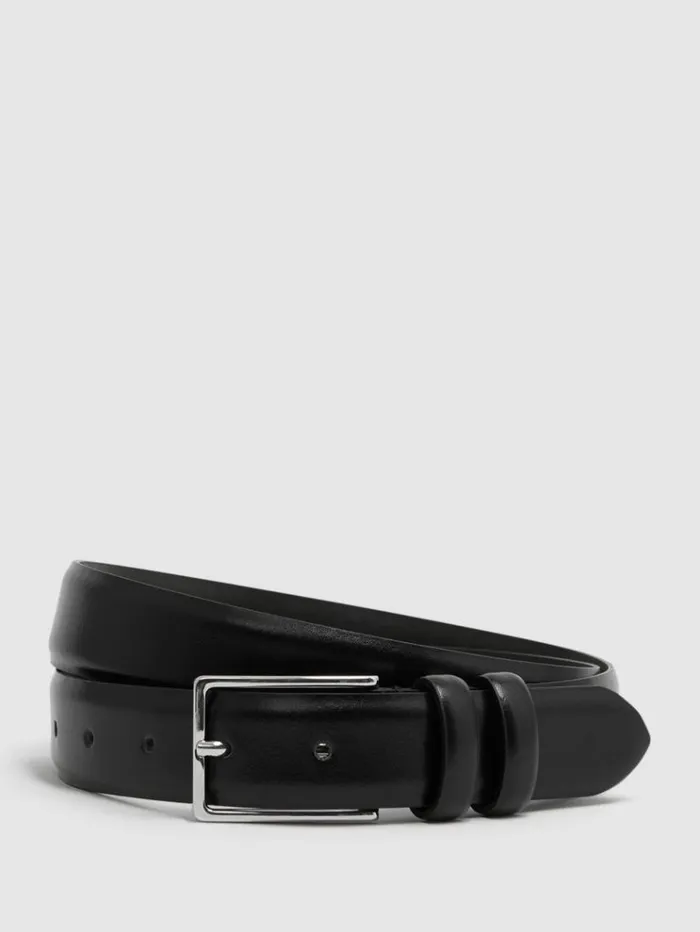 REISS Belts Men Smooth Leather Belt Black