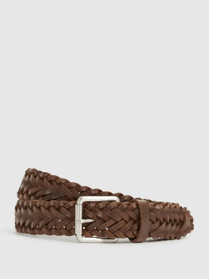REISS Belts Men WovenLeather Belt Chocolate