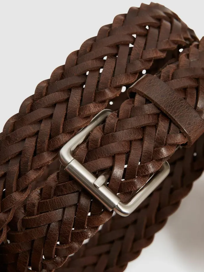REISS Belts Men Woven Leather Belt Chocolate