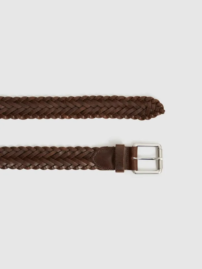 REISS Belts Men Woven Leather Belt Chocolate