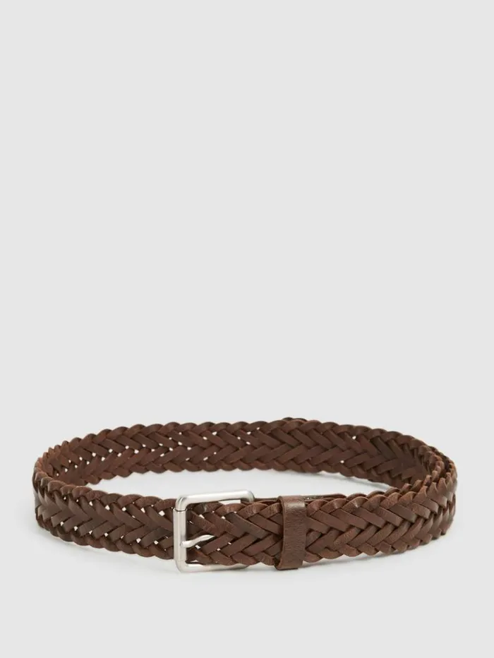 REISS Belts Men Woven Leather Belt Chocolate