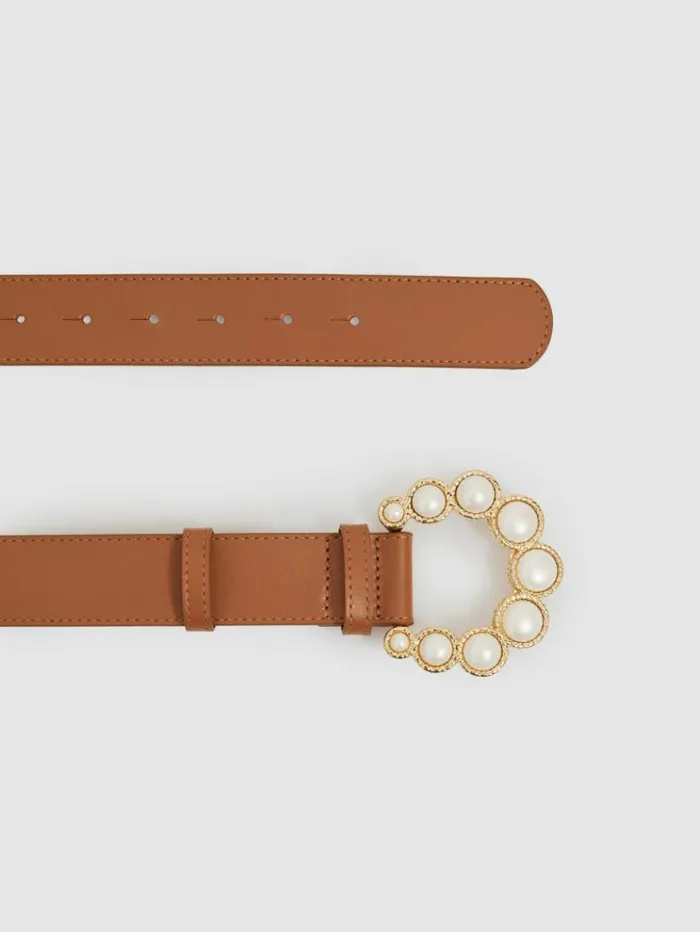 REISS Belts Women Camilla Elphick Leather Pearl Buckle Belt Tan